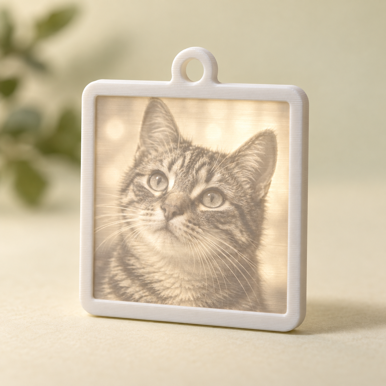 Weißer Fotoanhänger mit Katzenmotiv im Gegenlicht